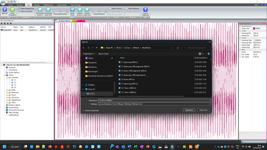 Abbildung 2 – Die gewünschten Kurven werden mit WaveStudio in den Computer gelesen.