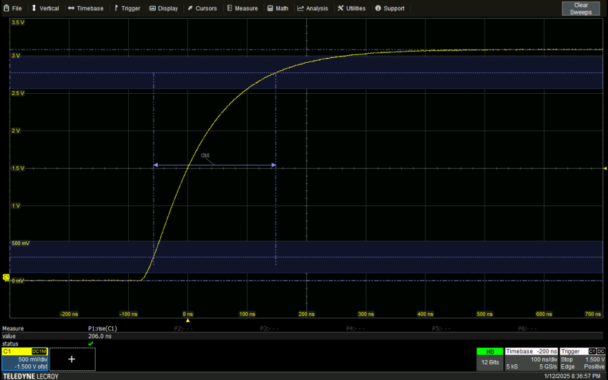 Figure 2 - The WaveSurfer 4024HD oscilloscope measures the parameter rise time with useful help markers