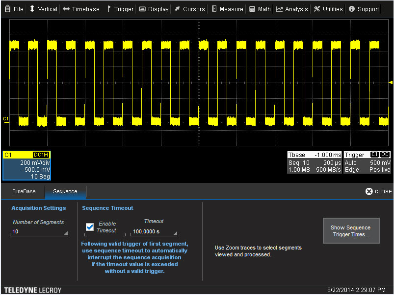 Figure 2 - Upon invoking the Sequence Mode option in the Timebase tab, users are presented with the controls dialog at the bottom of the screen.