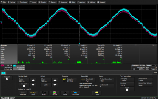 Stromzange Chauvin-Arnoux E3N mit kleinem Offset zur Visualisierung mit 10 mV/A (:100) mit dem Teledyne LeCroy Oszilloskop HDO4034. Es liegt in der Natur der Empfindlichkeit, dass das Signal bei diesem kleinen Strom verrauschter ist.